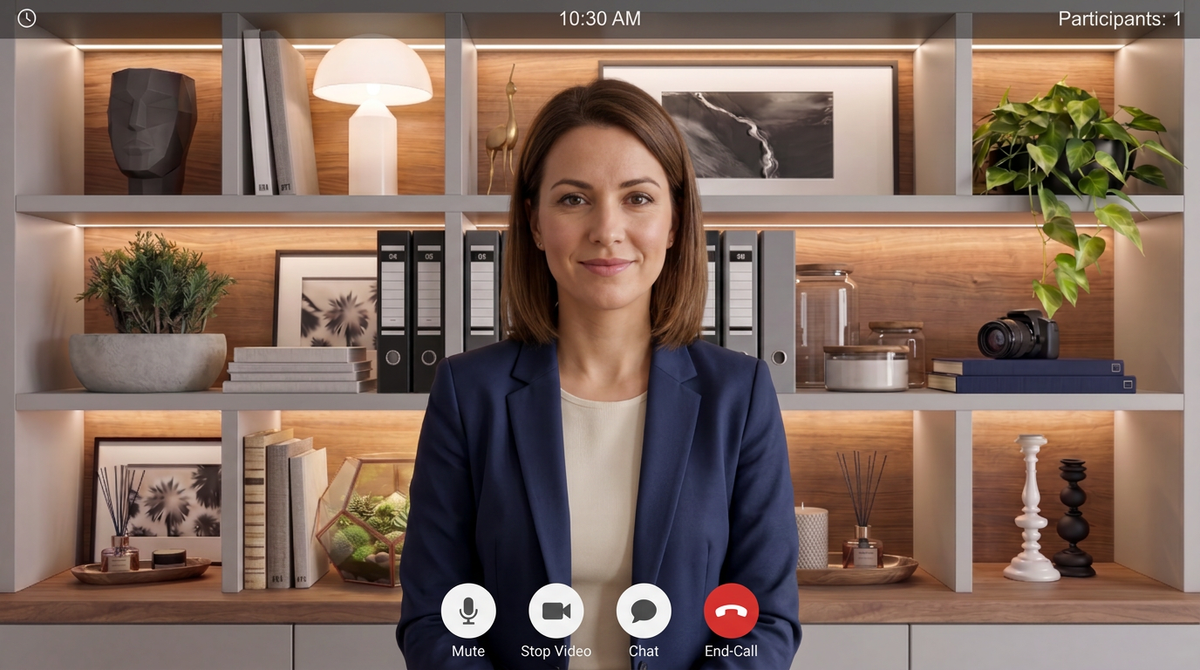 A real-estate professional on a video call using the QuickStudio Modern Media Studio backdrop