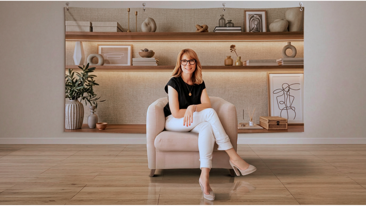 Calm Studio backdrop with a woman seated in an armchair on a video call