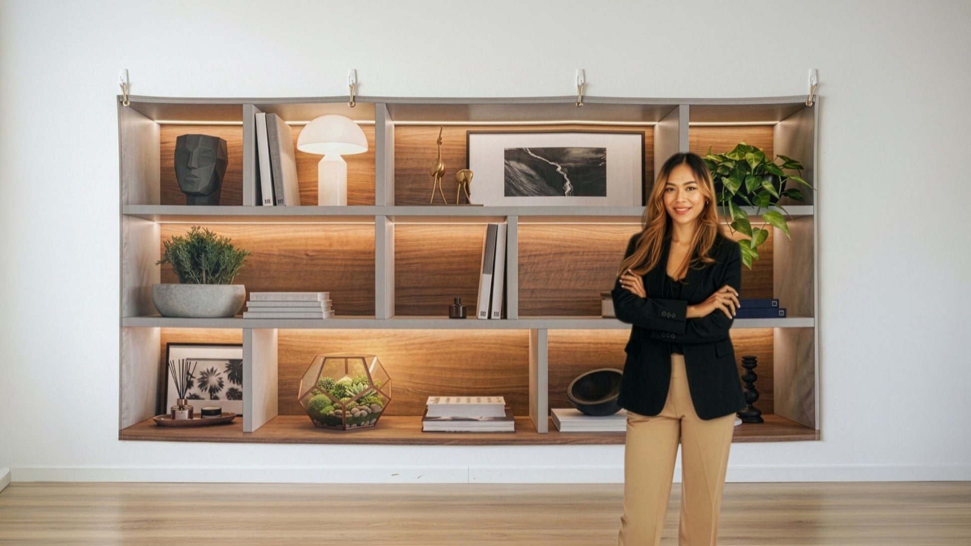 Modern Media Studio fabric backdrop shown in a professional video call setting