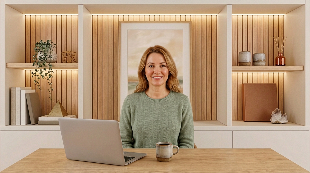 A therapist on a video call using the QuickStudio Gallery Studio backdrop