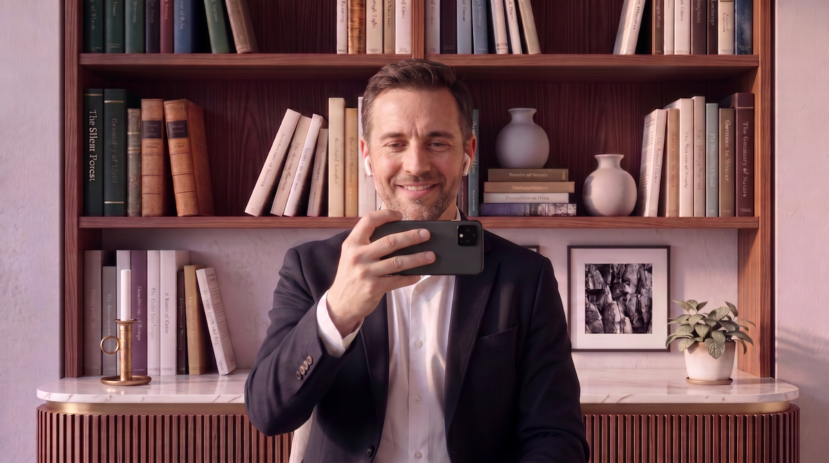 An attorney on a video call using the QuickStudio Library Loft backdrop