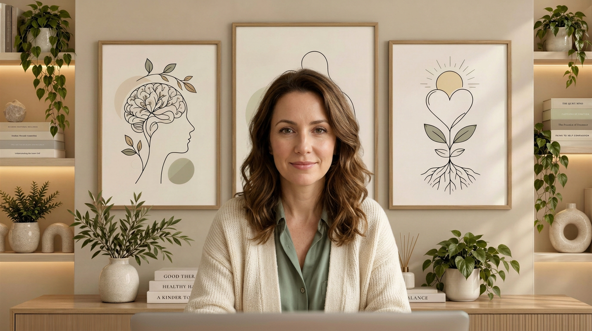 A psychologist on a video call using the QuickStudio Mindful Studio backdrop