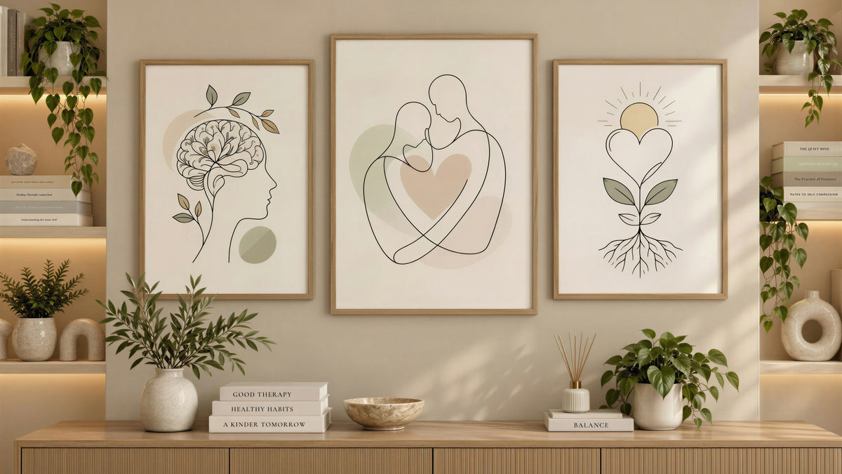 Mindful Studio fabric video call backdrop for psychologists and counselors — calm neutral therapy office with line-art prints, bookshelves and plants