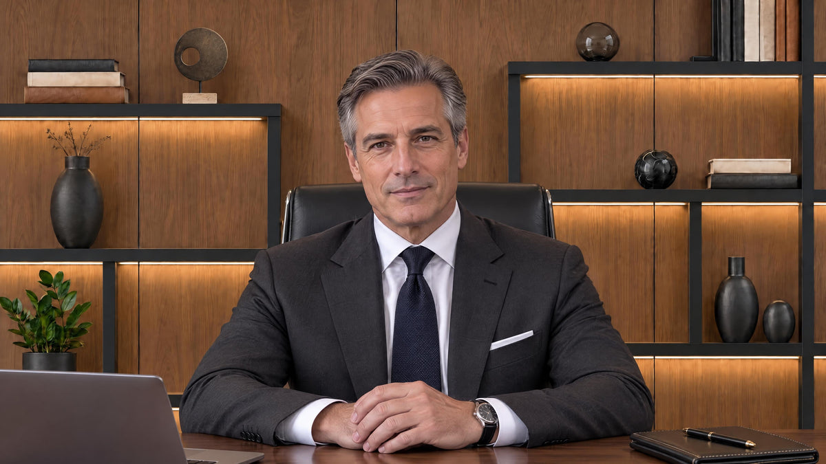 An executive on a video call using the QuickStudio Walnut Executive backdrop