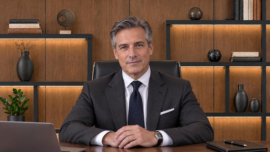 An executive on a video call using the QuickStudio Walnut Executive backdrop