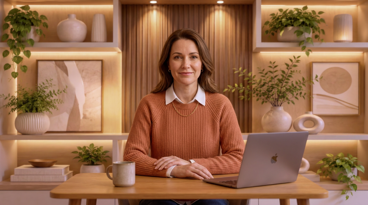 A consultant on a video call using the QuickStudio Warm Oak Studio backdrop